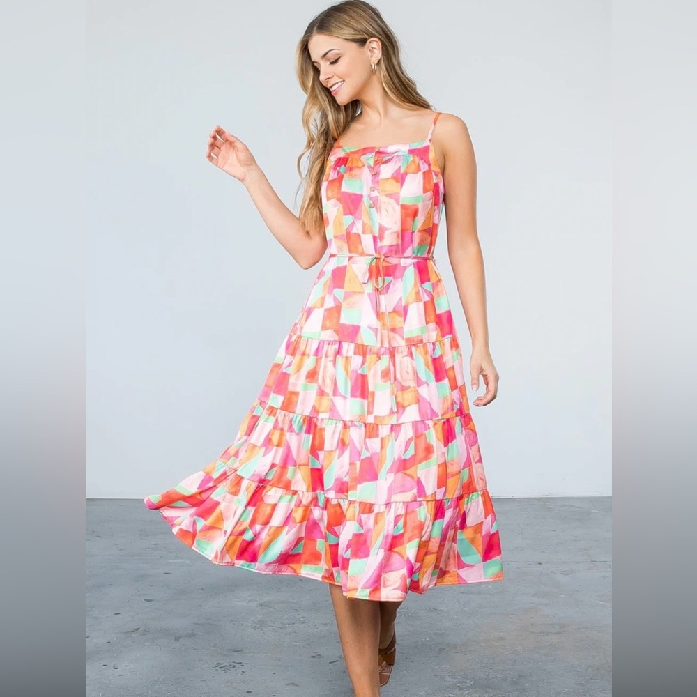 THML Pink Multi-Color Geometric Maxi Dress